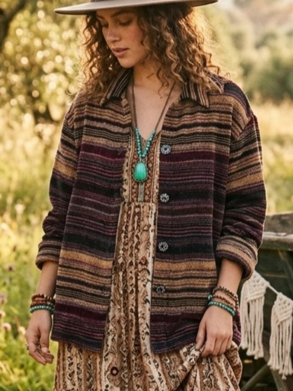 Passion Striped Button-Front Shacket Jacket in Burgundy Brown Sz L